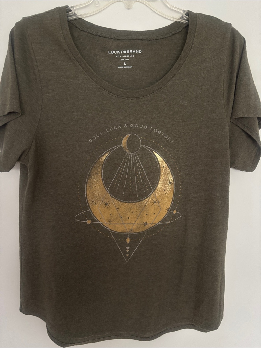 Lucky Brand Olive Green Tee with Metallic Gold Crescent Moon